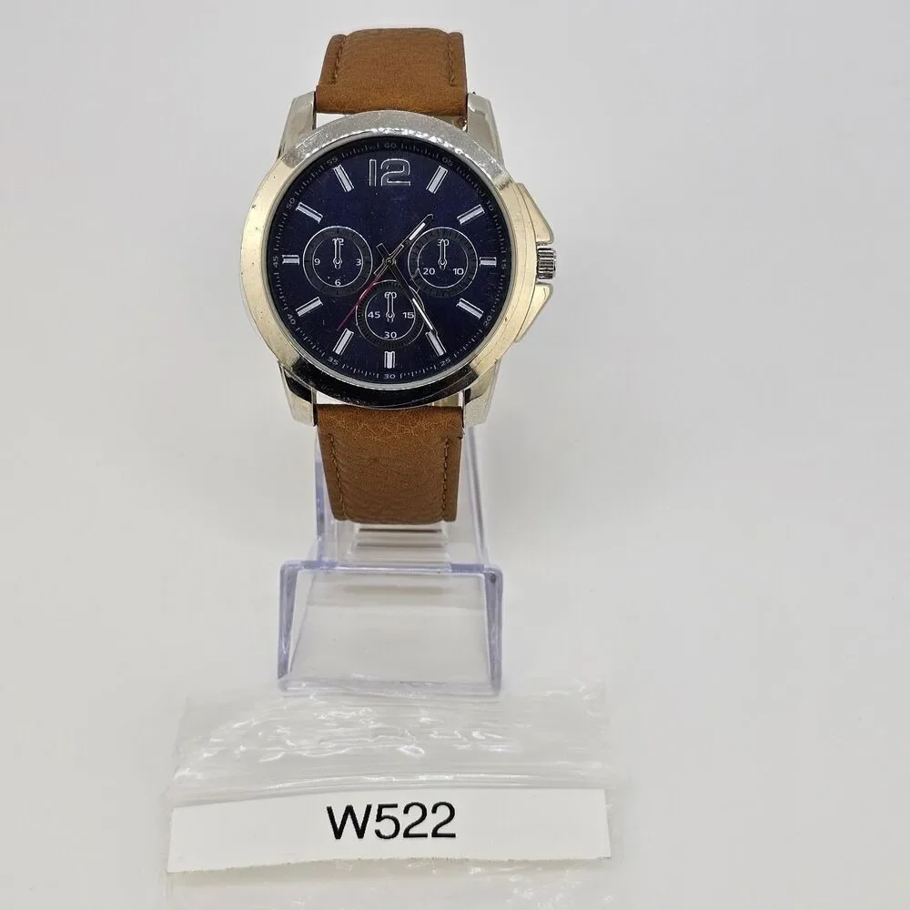Men's Watch 47MM‎ Blue Dial Brown Faux Leather Bands New Battery